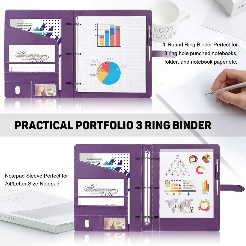 Toplive Padfolio 3 Ring Binder Organizer Business Portfolio Folder for Women, A4/ Letter Size PU Leather Portfolio Padfolio for Interview Conference Presentation, Purple - Image 5
